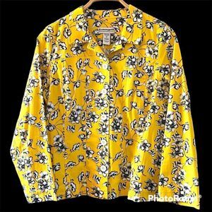 Denim Jacket Women’s size MEDIUM Yellow Black & White Floral Button Up